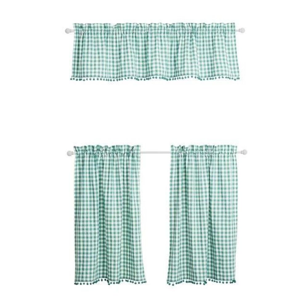 Pioneer Woman Teal Ginham Small Window Curtain Set 3Pc Tier Valance 30"Wx36"L